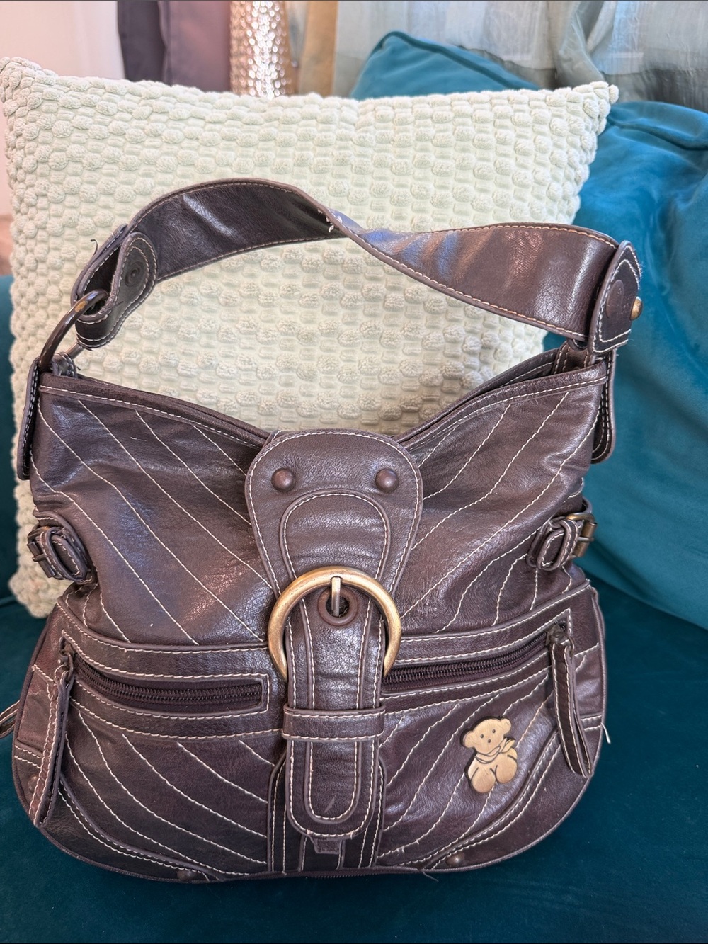Y2K Leather Shoulder Bag in Dark Brown with Bear Accent
